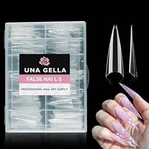 UNA GELLA Long Stiletto Fake Nails 504PCS Long Almond Stiletto Gel Nails Tips No Need File Half Cover Nail Tips Traceless Clear Gelly Tips for Acrylic Press On Nails Extensions 12 Sizes DIY Salon