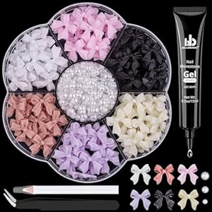 120 Pcs 3D Nail Bow Charms + 2-4mm Nail Pearls Set 1, 6 Colors Cute Bow Charms and White Flatback Pearls with Nail Charm Glue Gel(UV Needed) and Pickup Tools for Nail Art Decoration
