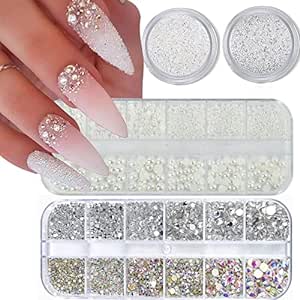 4 Boxes Flatback Rhinestones and Pearls Nail Charms for Acrylics - Crystals, Half Rounds, and Accessories for DIY Nail Art Decor