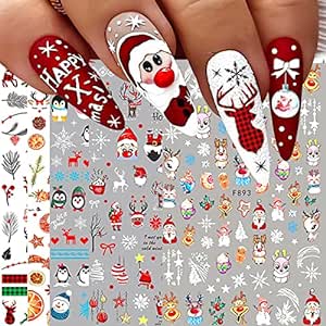 10 Sheets Christmas Nail Art Stickers Decals Self-Adhesive Pegatinas Unas Navidad Snowflake Santa Claus Reindeer Snowman Nail Supplies Holiday Nail Art Design Decoration Accessories