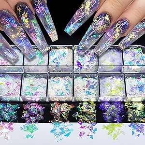 12 Colors Holographic Nail Art Glitter Sequins Iridescent Ice Slag Nail Glitter Flakes Irregular Mermaid Nail Sequins Colorful Fluorescent Glass Paper Nail Decoration for Face Hand Body Make-up DIY
