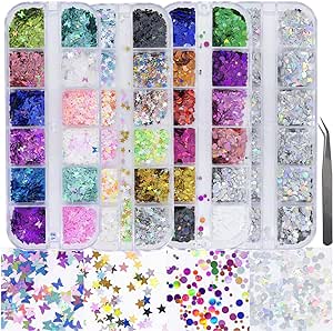 AddFavor 4 Boxes Holographic Nail Sequins Shapes Mixed Iridescent Nail Glitter Flakes Butterfly Hearts Star DIY Design Manicure Decorations Sets for Nail Art/Craft/Makeup